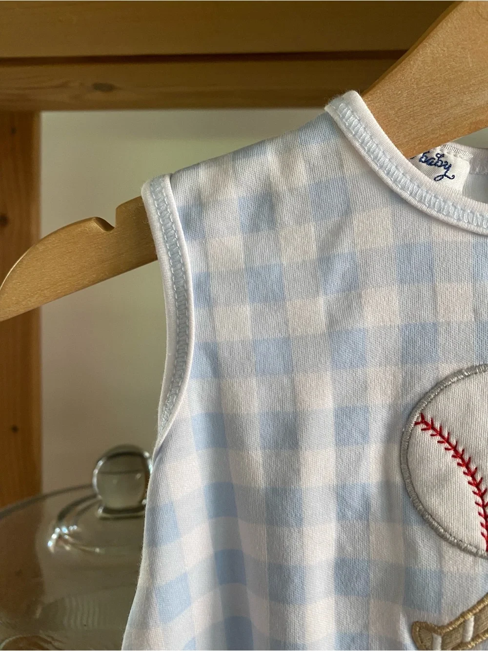 Magnolia Baby Blue Gingham Baseball Appliqué Bubble Romper 6 months